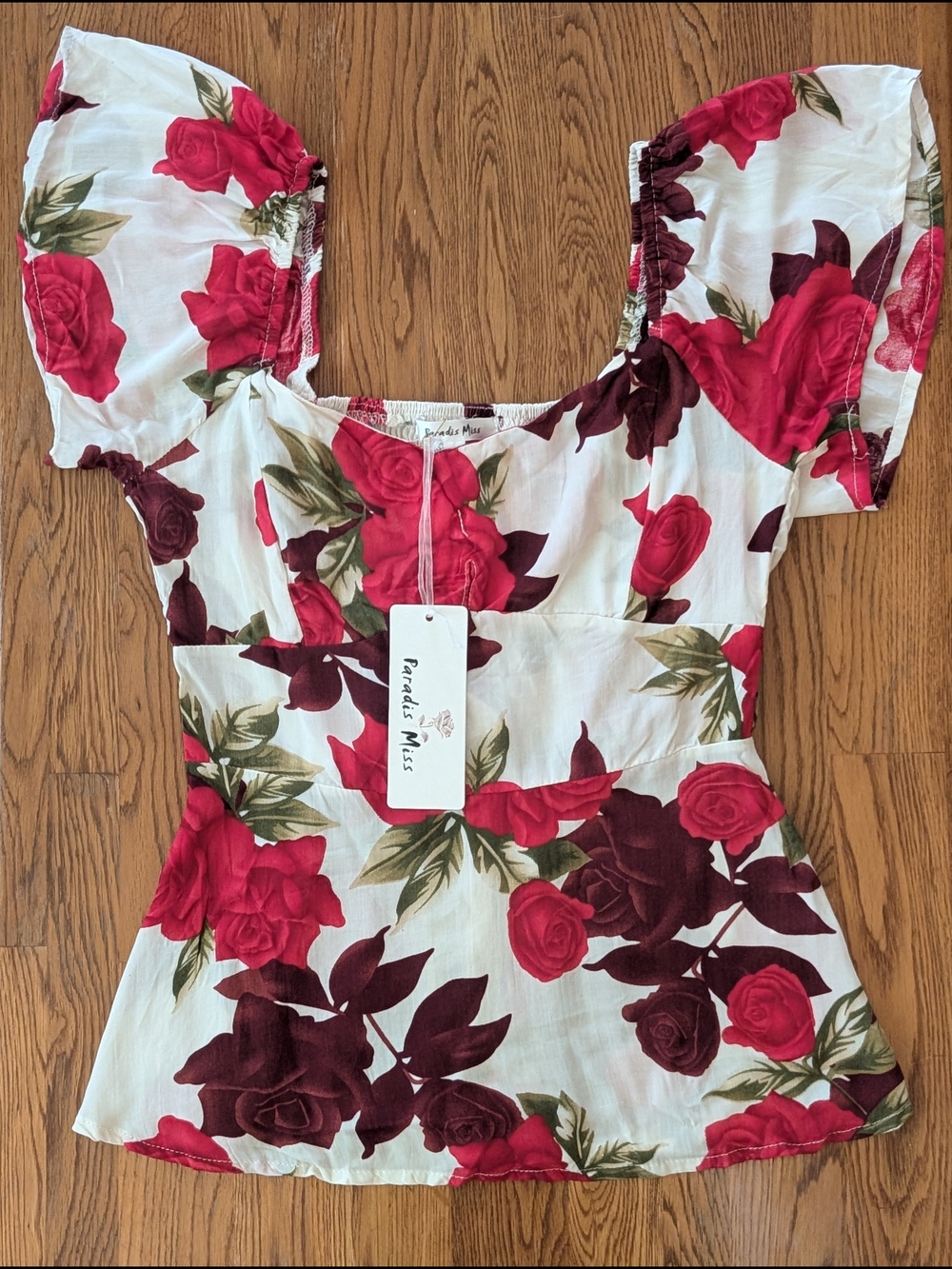 Paradis Miss Floral Rose Patterned Short Sleeve Smocked Back Shirt